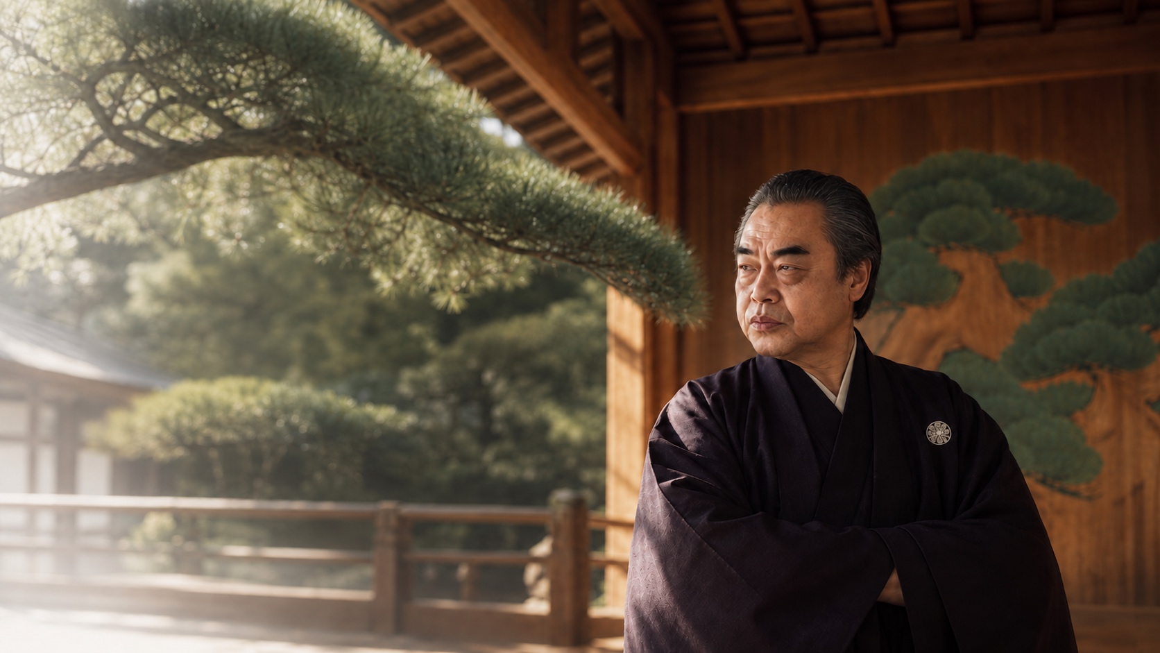 鏡板の老松と庭の松。紋付の能楽師が立つ檜の舞台